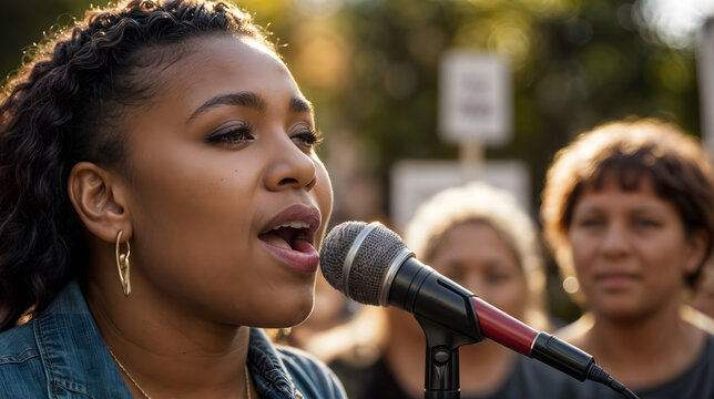 emotional power of music in activism. vocalist singing into a microphone at a peaceful rally