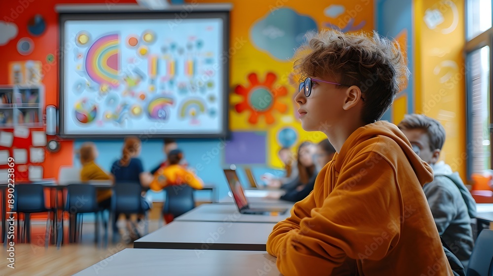 Poster diverse students engaged in interactive learning in colorful modern classroom with digital whiteboar
