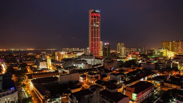 Sunset Timelapse on Penang Island with Komtar Tower View. Selective focus.