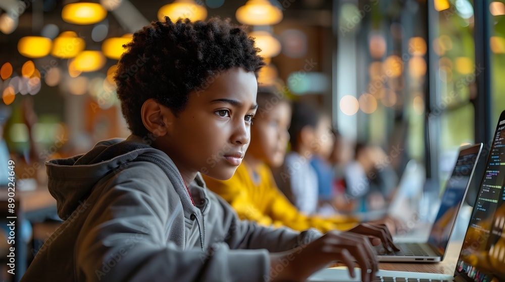 Poster diverse students coding together in innovative tech workshop