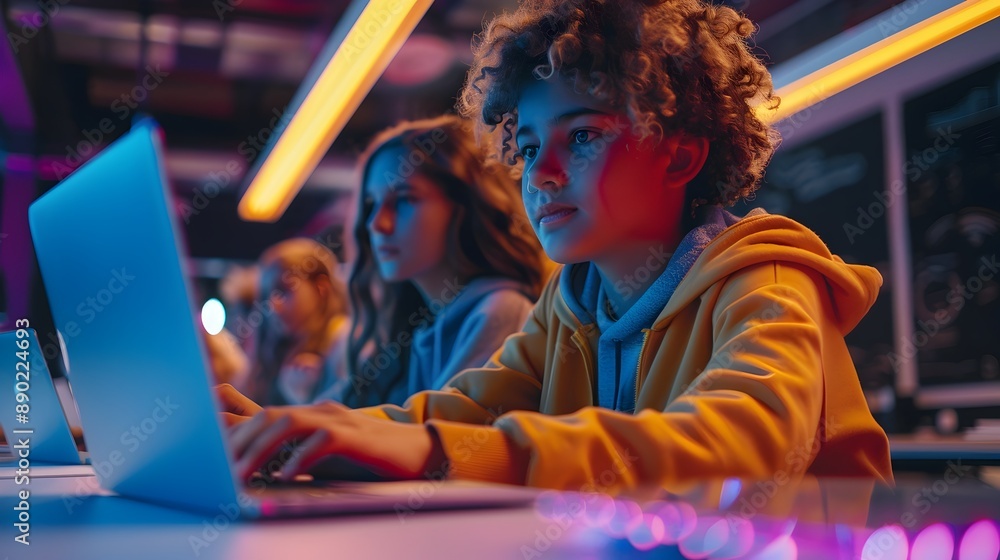 Poster students participating in a collaborative coding workshop in a futuristic tech space