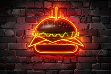 Neon sign of a glowing burger on a brick wall
