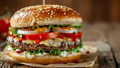 Food advertising, mouthwatering burger with all the toppings