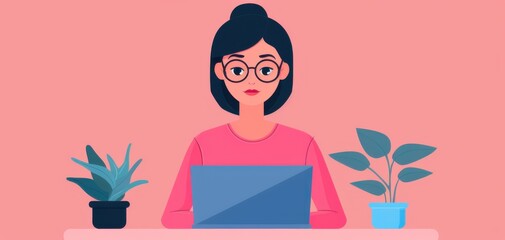 Woman working on a laptop in a minimalist setting, symbolizing online profile and digital identity creation.