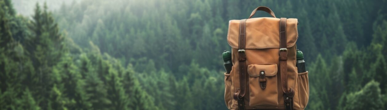 Adventure Awaits - Camping Backpack with Outdoor Gear Against Forest Background