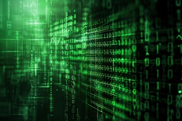 A close-up view of a dense grid of green or black alphanumeric characters representing binary code.