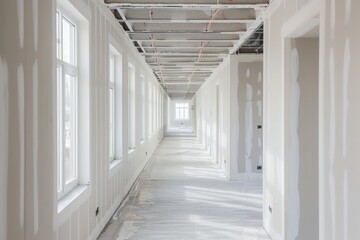 Obraz premium Long empty corridor in a new building under construction, with white walls and ceiling with beams and tiles.