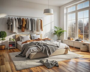 Cozy modern bedroom with scattered clothes on white bed and floor, evoking feelings of comfort and relaxation in a peaceful, serene apartment atmosphere.