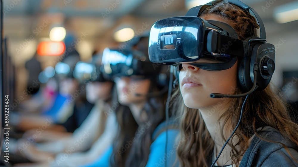 Poster immersive language lab with students practicing headsets for interactive learning