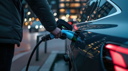 Sustainable Urban Living - Hand Plugging in Electric Vehicle Charger with Digital Display of Charging Progress in Modern City Scene