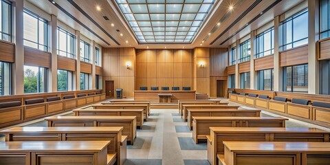 Obraz premium Empty, modern law court with wooden benches and a majestic window in the foreground, allowing natural light to illuminate the solemn atmosphere.