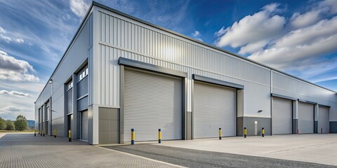 Modern industrial warehouse with open roller door and clean empty parking lot in background, showcasing commercial garage doors for industrial buildings.