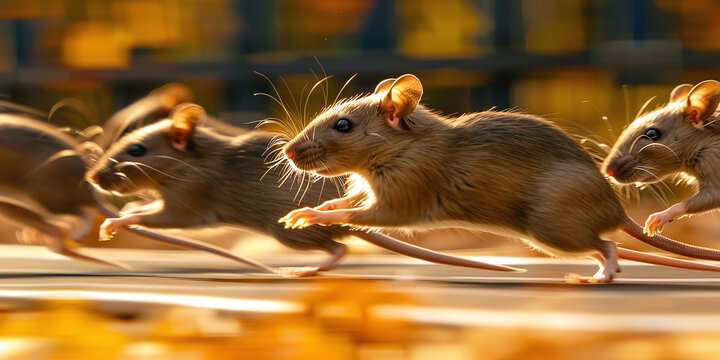 rats run around a racetrack, illustrating the concept of the rat race by using motion blur to emphasize speed and competition.