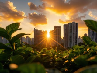 Urban Sunrise: Sunlight Piercing Through Skyscrapers with Lush Greenery in the Foreground