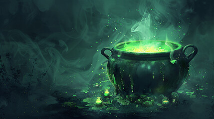 Cauldron with green glowing potion on dark background