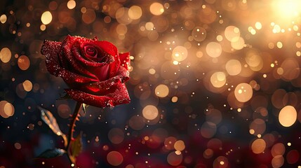 black, red, gold, elegant abstract with red rose on blurred background