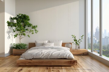 Modern bedroom interior with wooden floor, white walls and panoramic window overlooking the city.