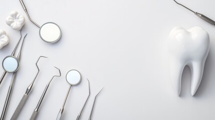 dental instruments on white background. Dental treatment. Dentist tools mirror, hook, tweezers, syringe. Copy space for text.