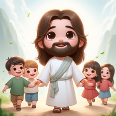 Cute Cartoon Jesus with Children
