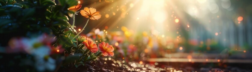 Sunlit Garden with Vibrant Flowers and Glowing Particles in a Tranquil Morning Setting