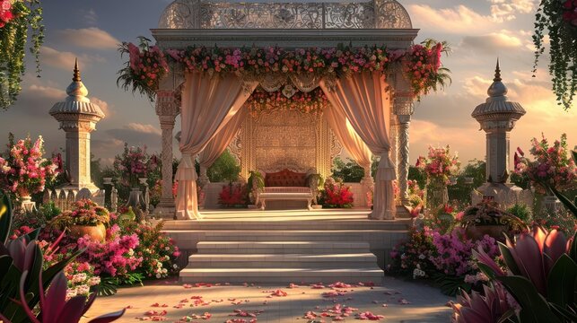 Beautiful Indian wedding ceremony setup with flowers, canopy, and steps