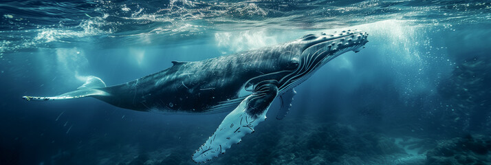 Fototapeta premium A large blue whale is swimming underwater, the sun's rays are breaking through the water.
