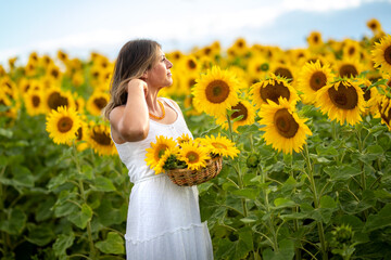 Junge Frau steht in einem Sonnenblumenfeld bei schönem Wetter im Sonnenlicht.