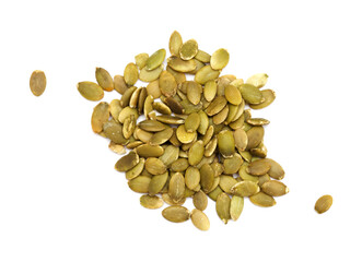 Hulled pumpkin seeds isolated on white background
