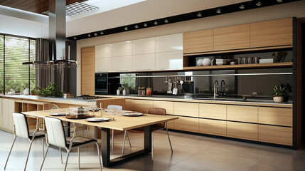A series of modern kitchen interiors featuring sleek designs, contemporary furniture, stylish cabinetry, and advanced appliances, showcasing a variety of colors and materials to create a functional an