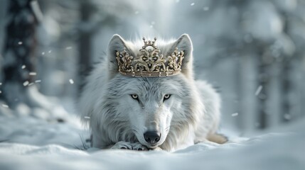 Obraz premium Majestic Wolf King Wearing Golden Crown in Enchanting Snowy Wilderness