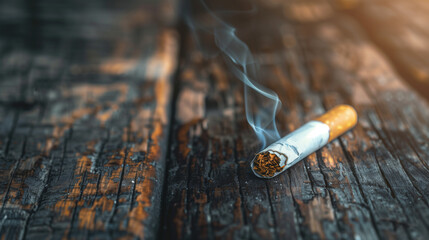 Cigarette on a wooden table, copy space, space for text.