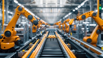 Automated robotic arms work on an assembly line in a modern industrial factory, showcasing advanced manufacturing technology.
