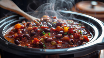 Slow cooker filled with hearty bean chili steam rising wooden spoon