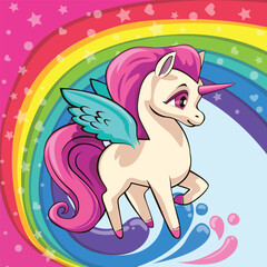 Cute pony on the rainbow. Vector unicorn. Rainbow children's background