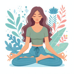 A young beautiful girl sitting in the lotus position, isolated on a white background, Flat vector Illustration