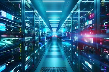 Obraz premium Futuristic AI data corridor, showcasing advanced technology, artificial intelligence, high tech digital infrastructure, innovative tech environment