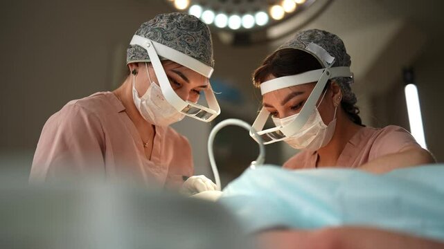 Closeup low-angle view of two female trichologist collecting hair follicles from donor area of male patient for hair transplantation in clinic. Process of hair transplant with FUE Sapphire method.