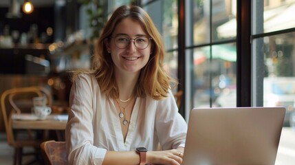 young smiling woman using laptop at the office. Female Consultant