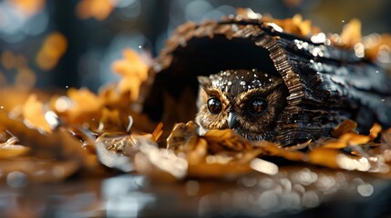 Fototapeta premium Adorable 3D Render of Woodland Creature in Hollow Log Surrounded by Autumn Leaves Enchanting Forest Scene