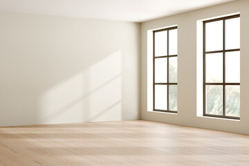 Modern interior of an empty room featuring large windows allowing natural light to flood in, 3d render.