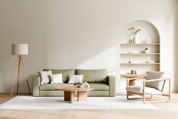 Contemporary living room featuring minimalist design elements, including a green sofa, wooden coffee table, stylish armchair, and wall-mounted bookshelf in earthy tones. 3d render.