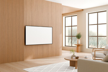 Contemporary living room featuring a wooden accent wall, mounted television, large windows with natural light, a cozy seating area, and minimalist decoration. 3d render.
