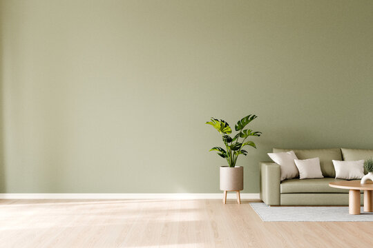 Modern minimalist living room features a stylish green wall, a cozy beige couch with matching cushions, a potted plant, and a light wooden floor, 3d render.