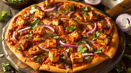 Pizza topped with Indian flavors featuring a thin crust tikka masala sauce chunks of grilled paneer red onions and fresh cilantro