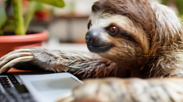 sloth working on a laptop, surrounded by plants in an outdoor setting. The scene depicts a blend of nature and technology, with the sloth appearing focused on its task.  Technology, Nature, Business