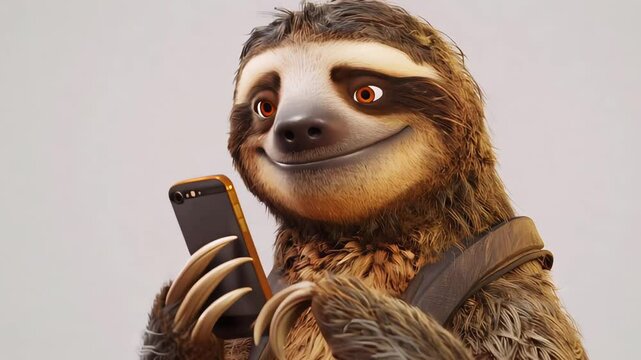 sloth holding a smartphone, smiling at the screen. The sloth's fur is detailed, and it appears amused or content while engaging with the device