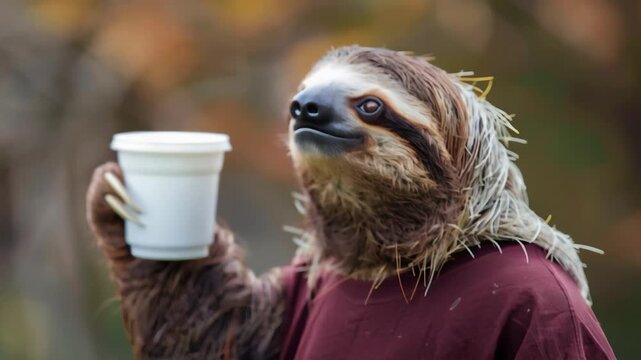 sloth holding a coffee cup, looking content and relaxed. The background is slightly blurred, focusing on the sloth's serene expression while it enjoys its drink. Leisure, Nature, Humor