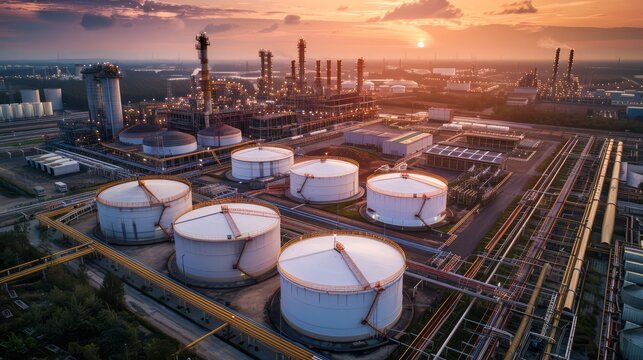 Aerial view oil and gas terminal storage tank farm
