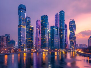 Fototapeta premium Glowing Riverside Cityscape at Dusk With Majestic Illuminated Skyscrapers Reflection in Water