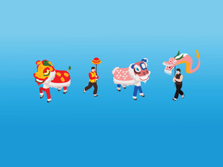 Chinese New Year Lion Dance 3d isometric vector illustration